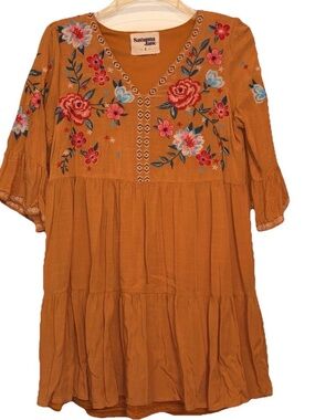 Savanna Jane Mustard Floral Embroidered Tiered V-Neck Dress
